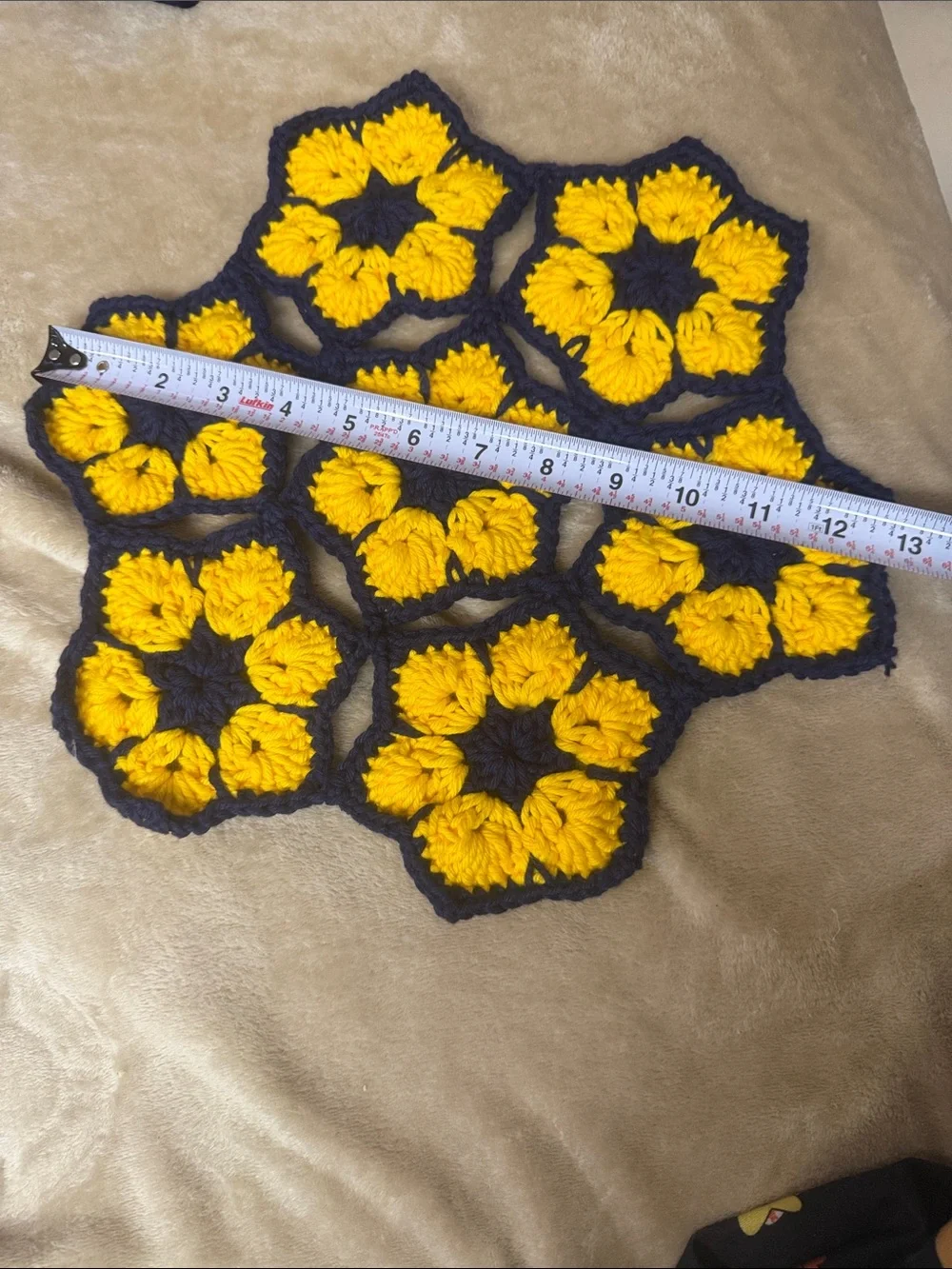 Handmade Crochet Flower Coasters - Yellow and Navy 13” (1)
